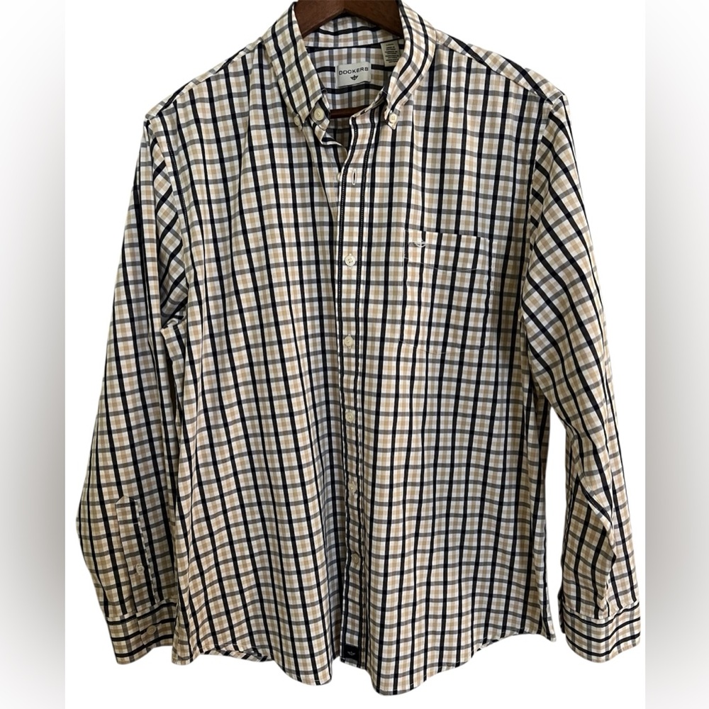 Dockers Navy and Cream Plaid Button Down Shirt, Size L